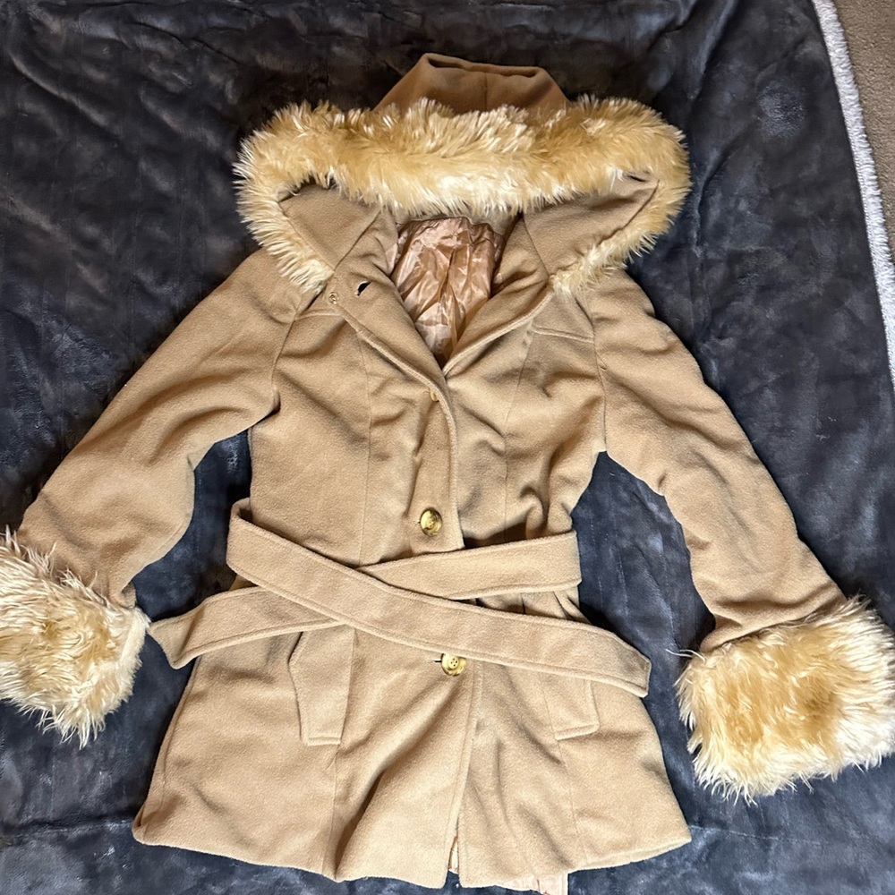 Women's Tan Faux Fur Trim Pea Coat
